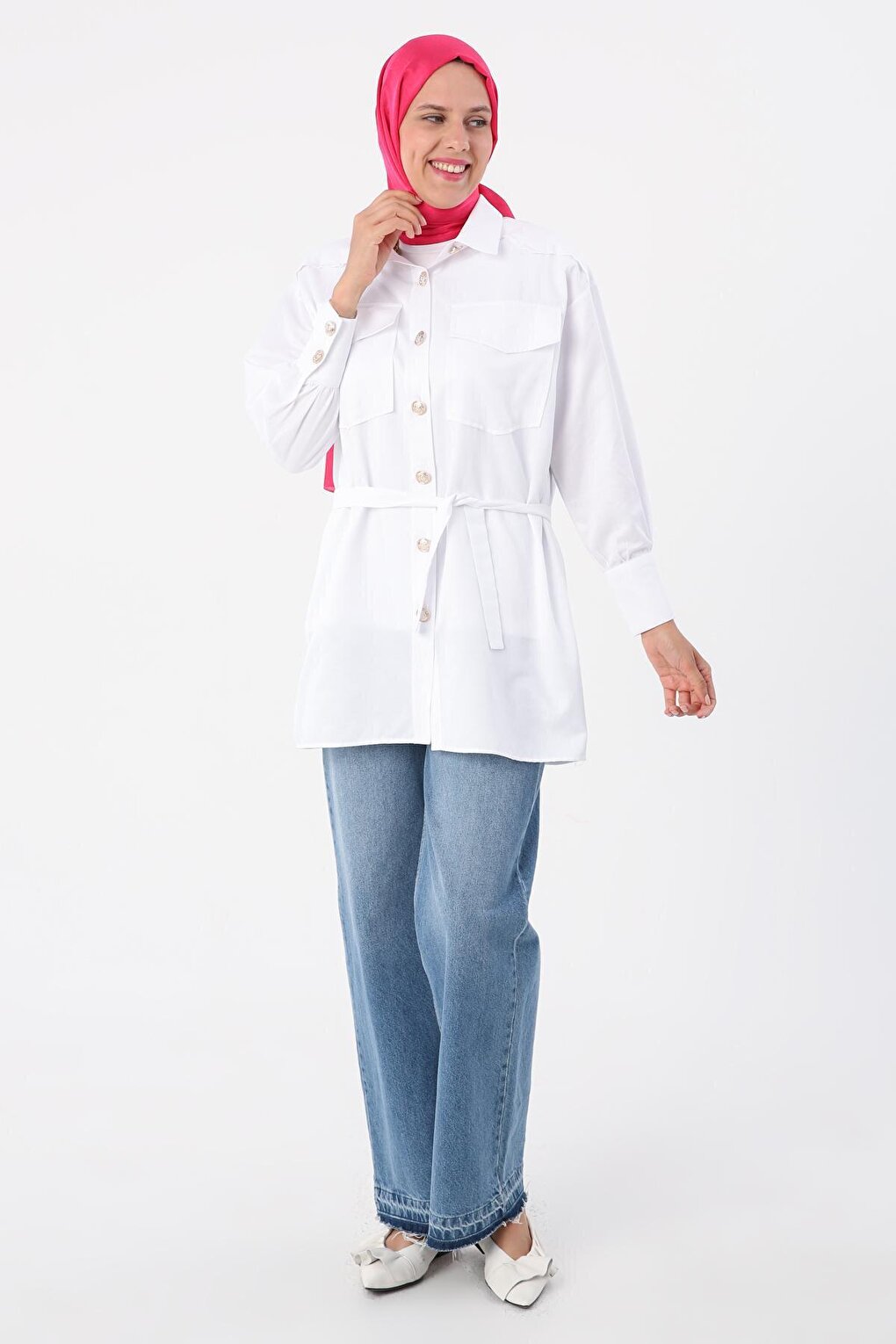 White Applique Pocket Shirt Tunic