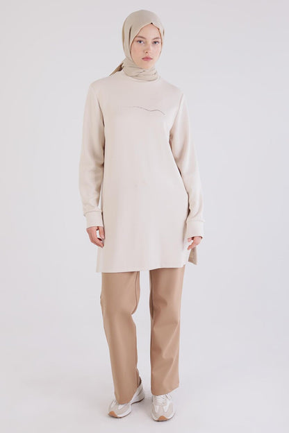 Light Beige High Collar Tunic with Stones