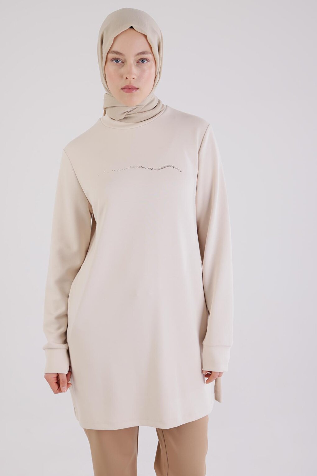 Light Beige High Collar Tunic with Stones