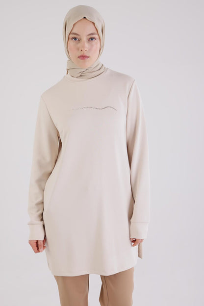 Light Beige High Collar Tunic with Stones