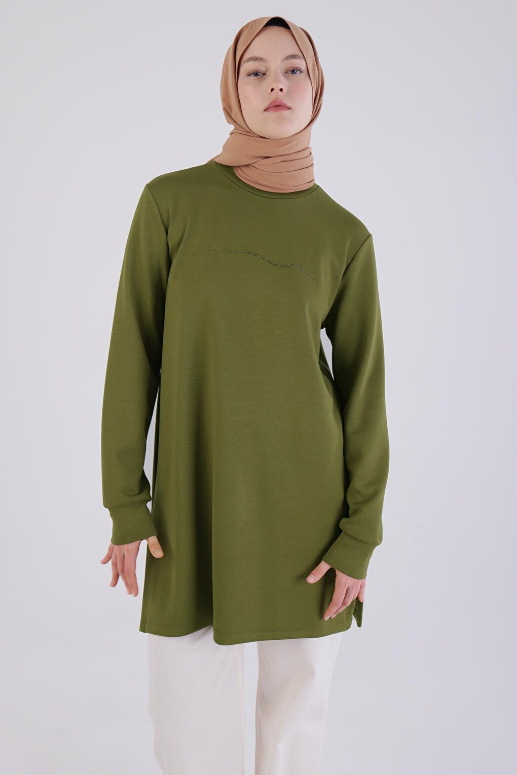 Khaki High Collar Tunic with Stones