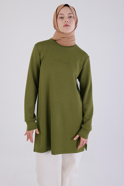 Khaki High Collar Tunic with Stones