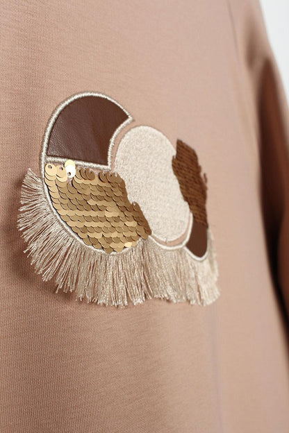 Beige Leather Garnished Embroidered Tunic