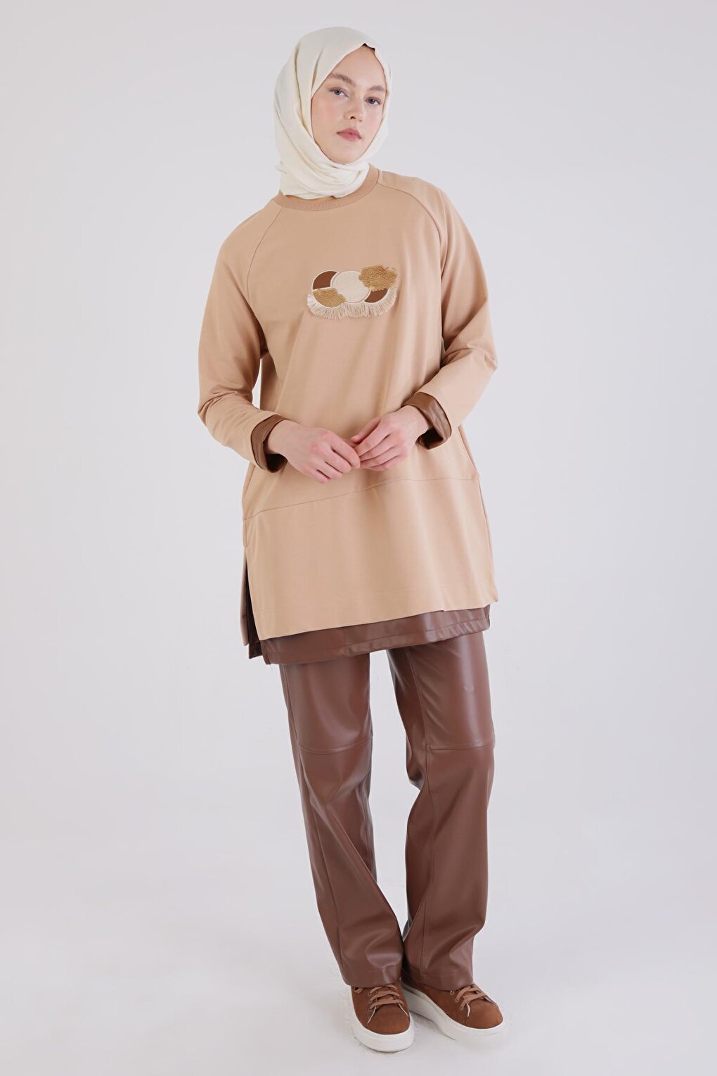 Beige Leather Garnished Embroidered Tunic