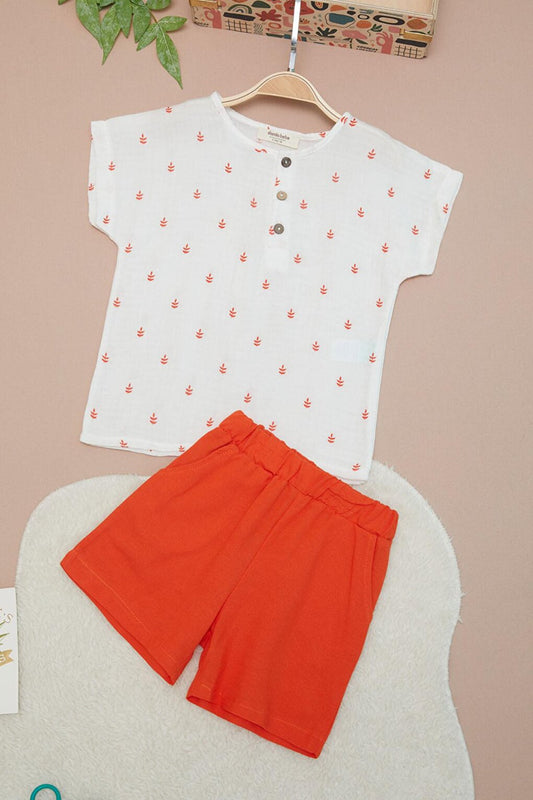 Orange Baby Boy Patterned Shirt and Shorts Set 15137