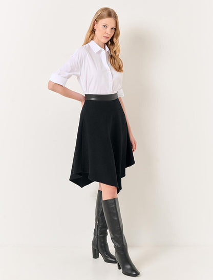 Black Normal Waist Asymmetrical Cut Midi Skirt