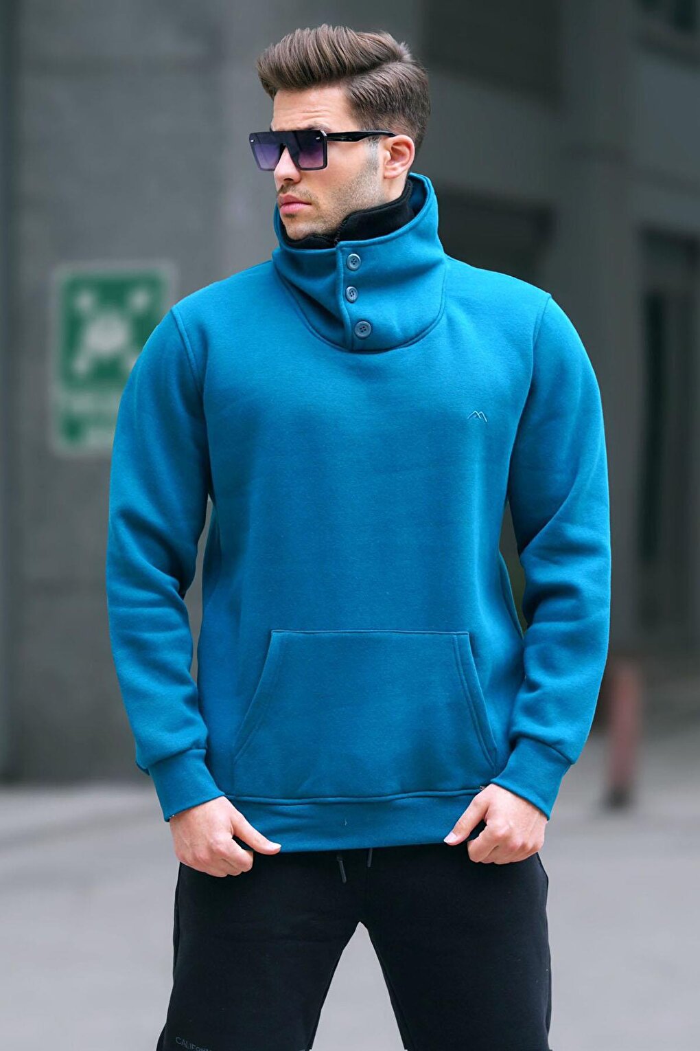 Petrol Blue Collar Detailed Men's Sweatshirt 4411