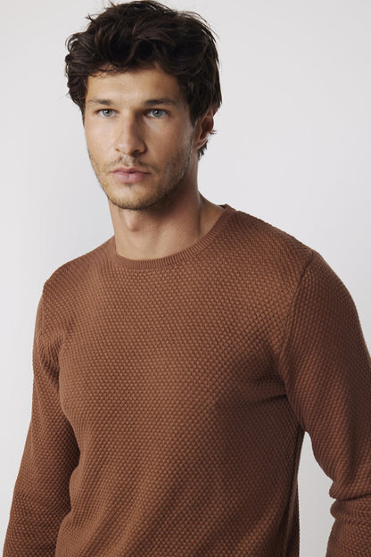 Men's Slim Fit Crew Neck Honeycomb Patterned Brown Knitwear Sweater