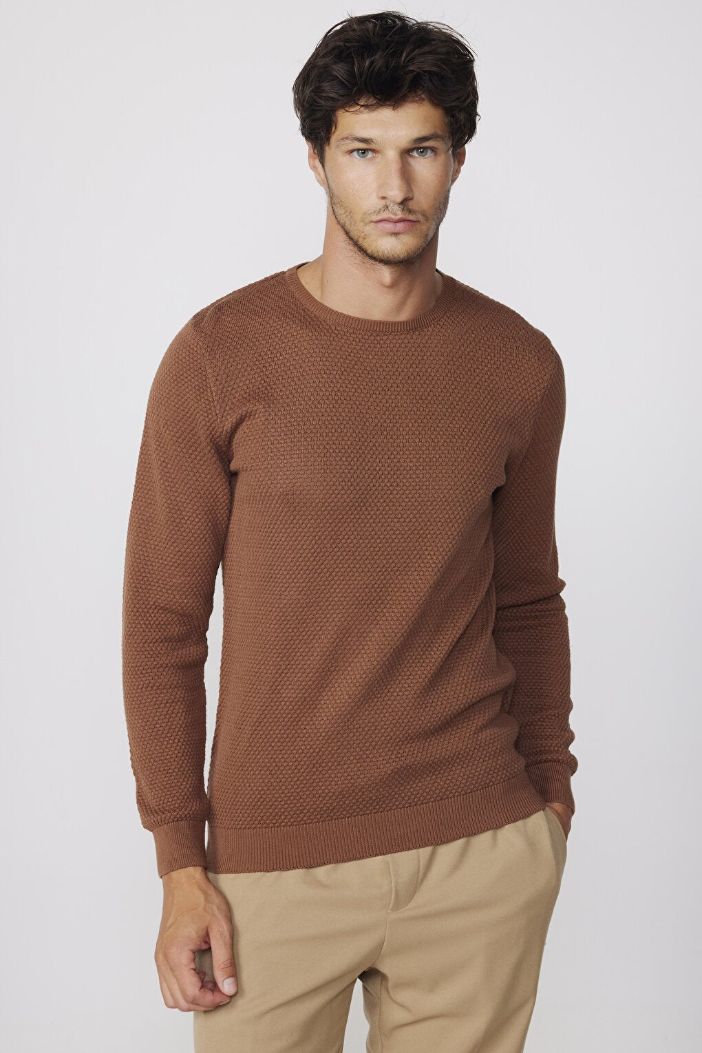 Men's Slim Fit Crew Neck Honeycomb Patterned Brown Knitwear Sweater