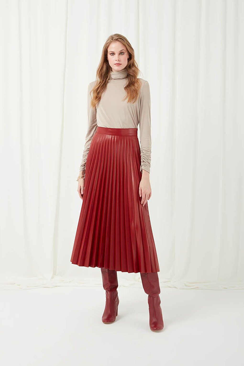 Faux Leather Claret Red Pleated Skirt