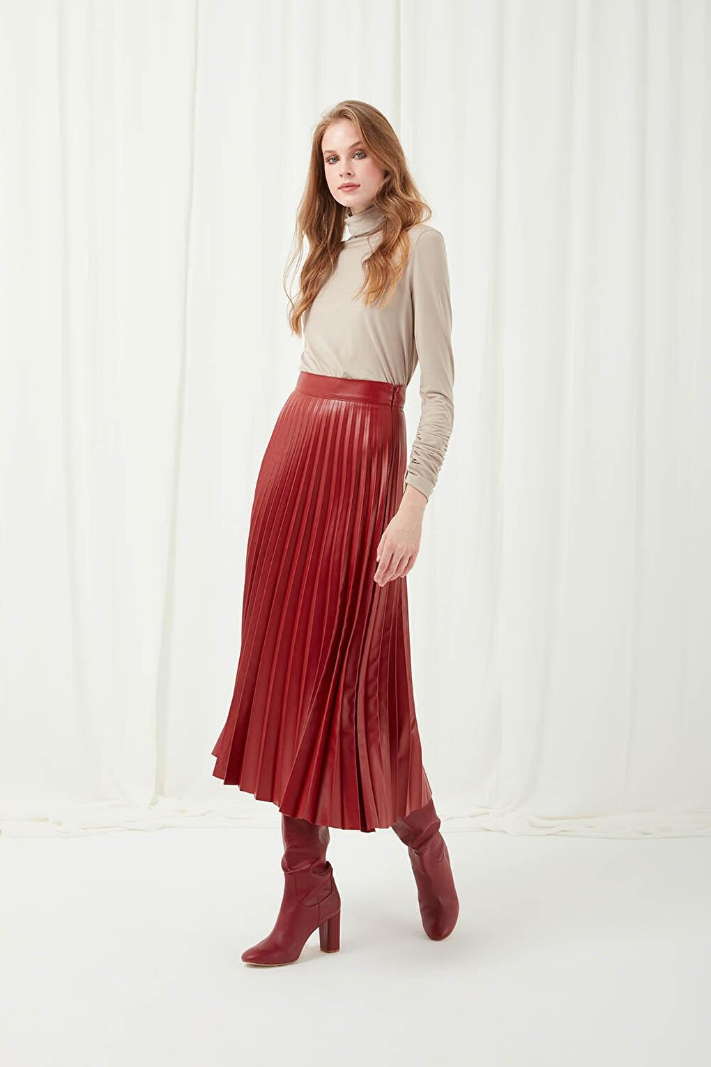 Faux Leather Claret Red Pleated Skirt