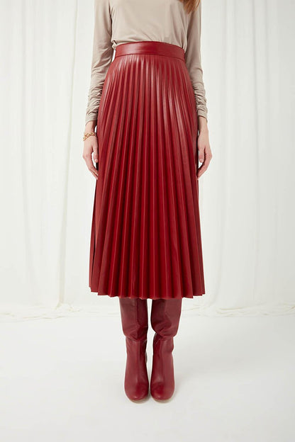 Faux Leather Claret Red Pleated Skirt