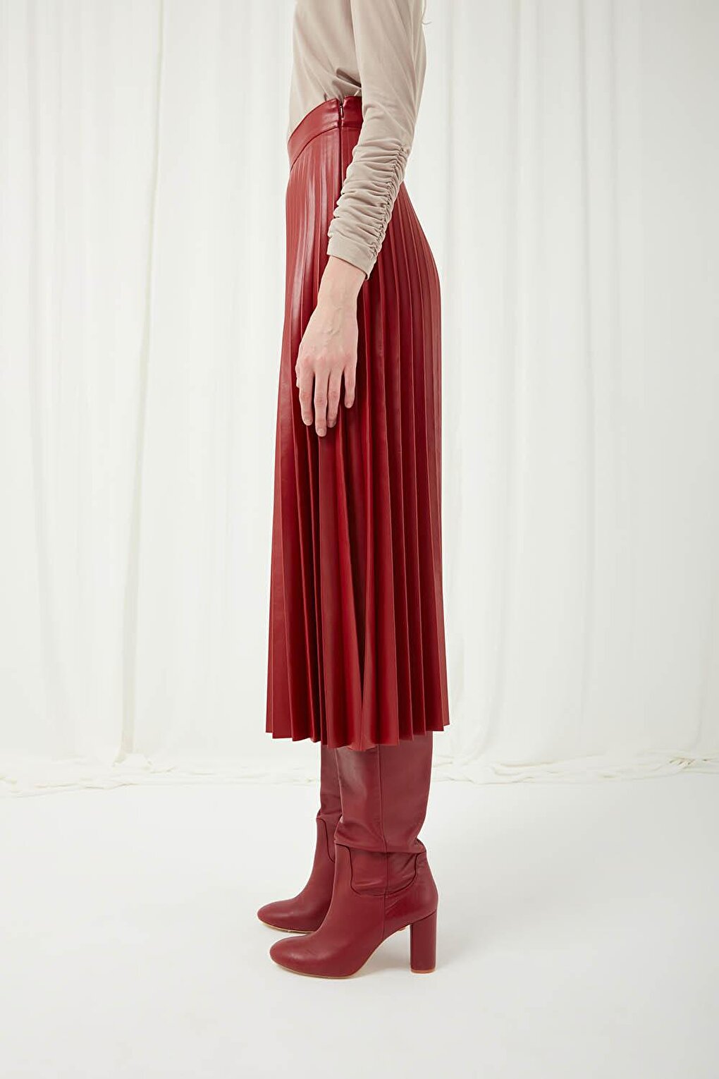 Faux Leather Claret Red Pleated Skirt