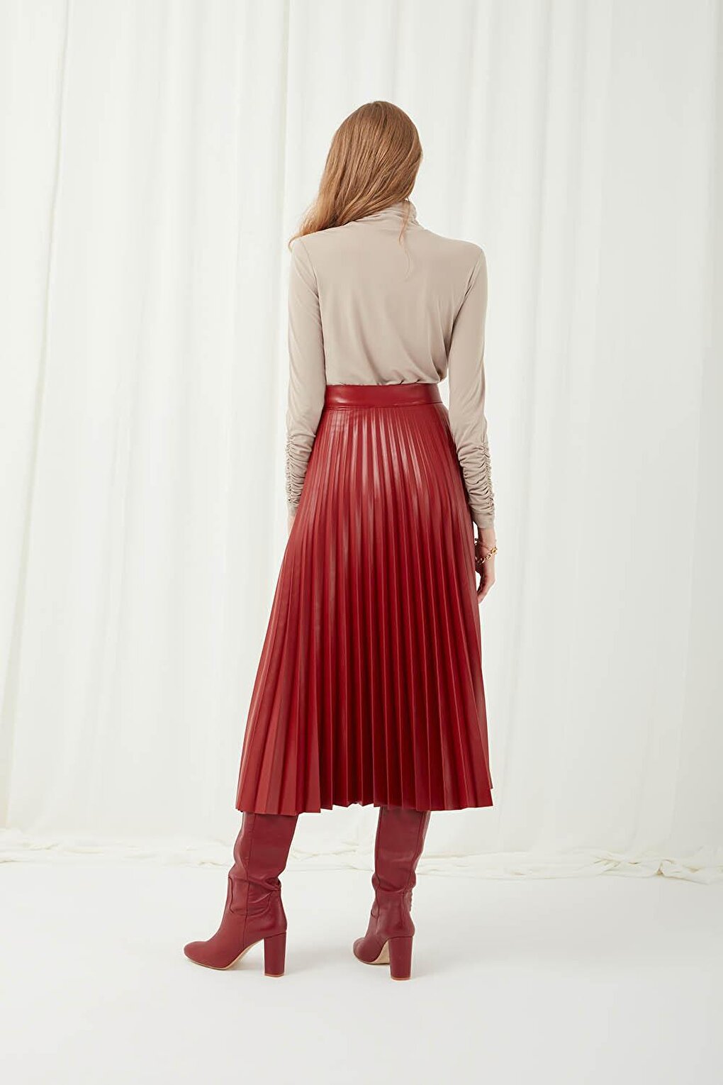 Faux Leather Claret Red Pleated Skirt