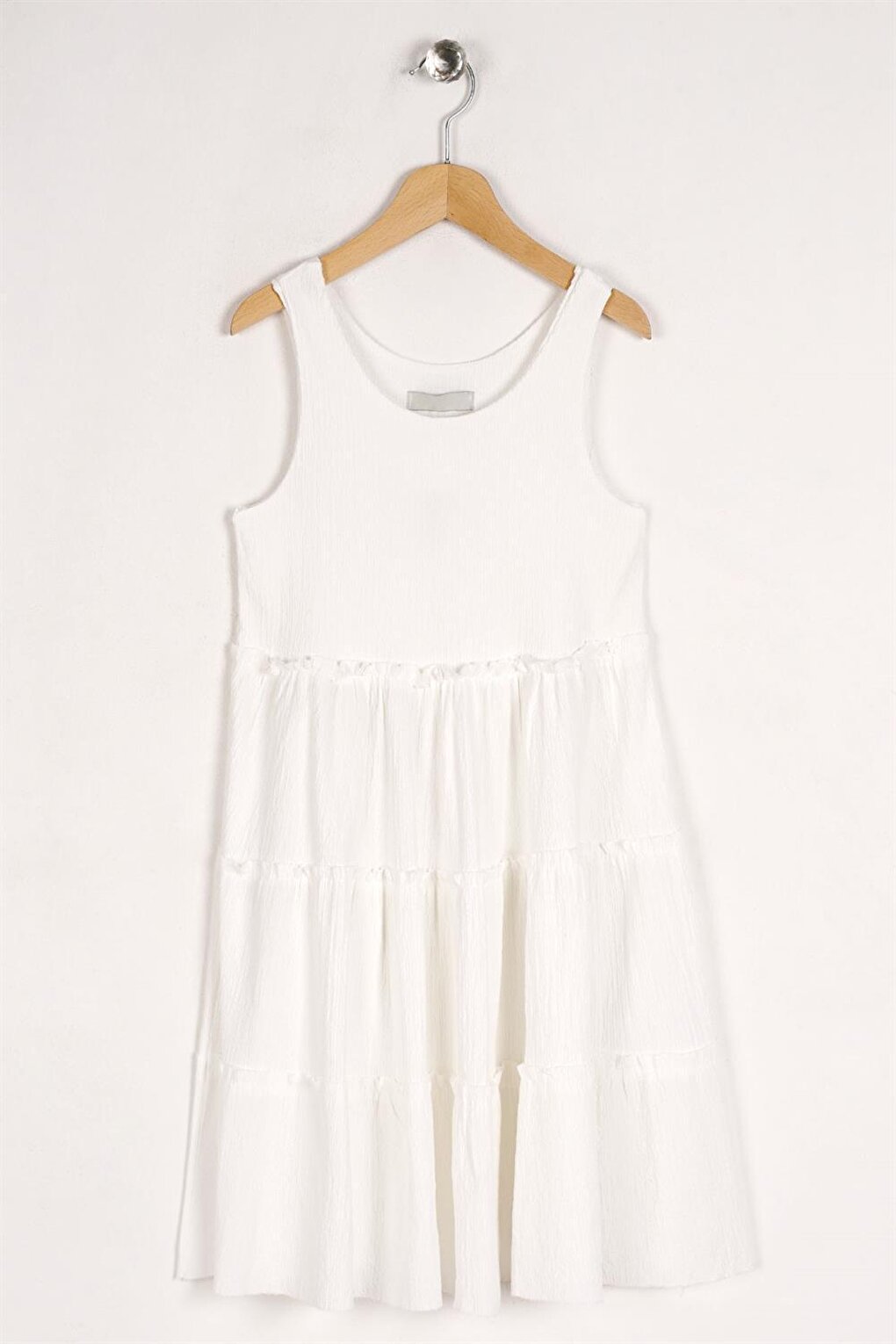 Girl's White Colored Elastic Waist Pleated Dress