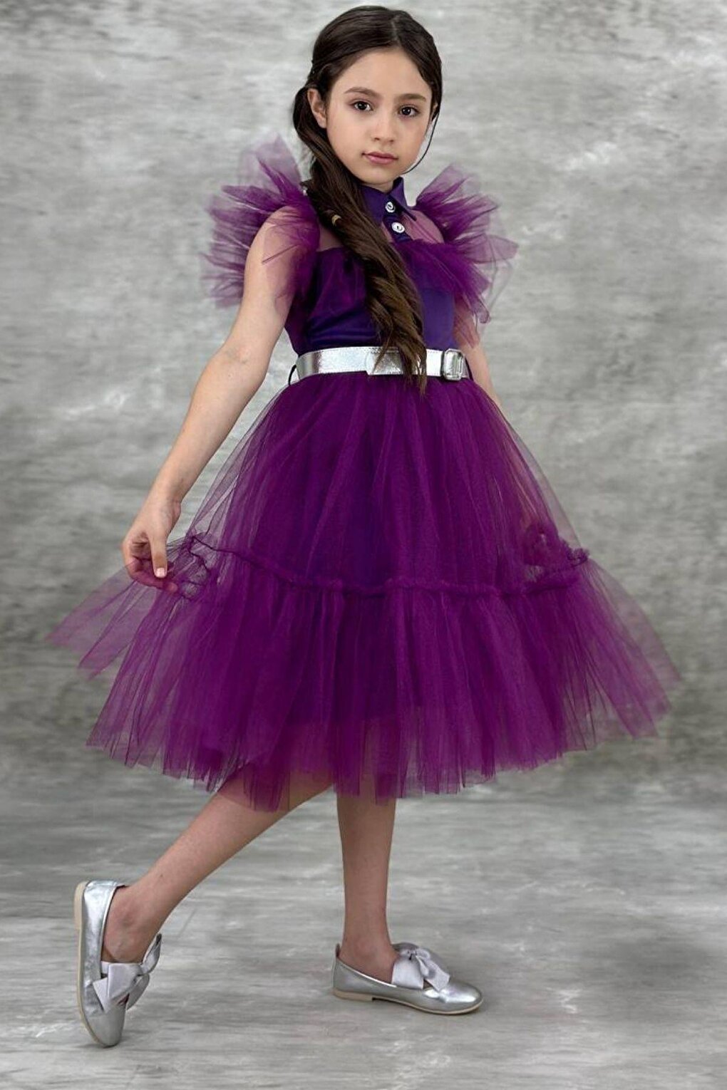 Girl's Shirt Collar, Chest and Sleeves, Tulle Detailed Wednesday Purple Dress