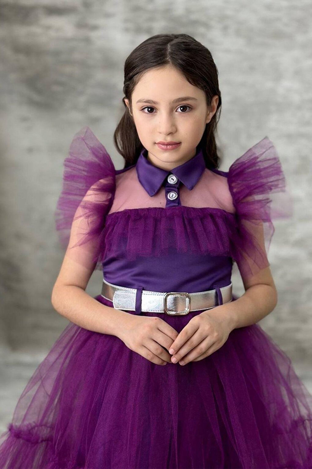 Girl's Shirt Collar, Chest and Sleeves, Tulle Detailed Wednesday Purple Dress