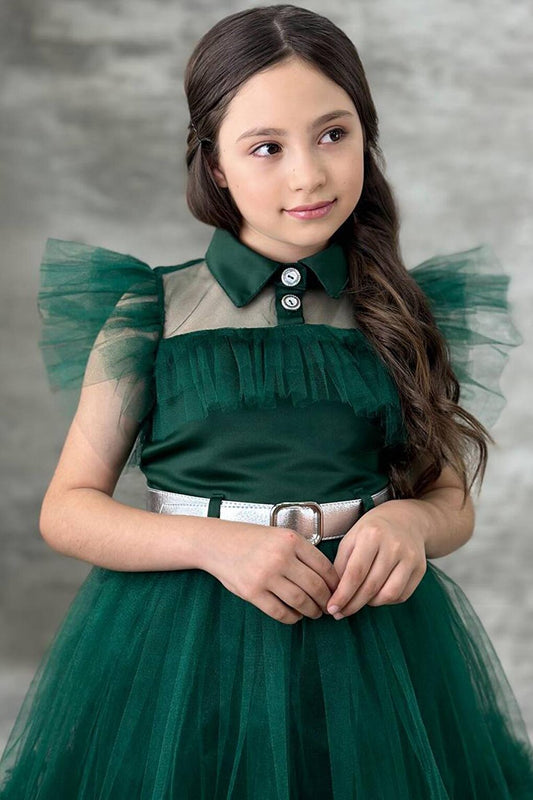 Girl's Shirt Collar Chest and Sleeves Tulle Detailed Wednesday Green Dress