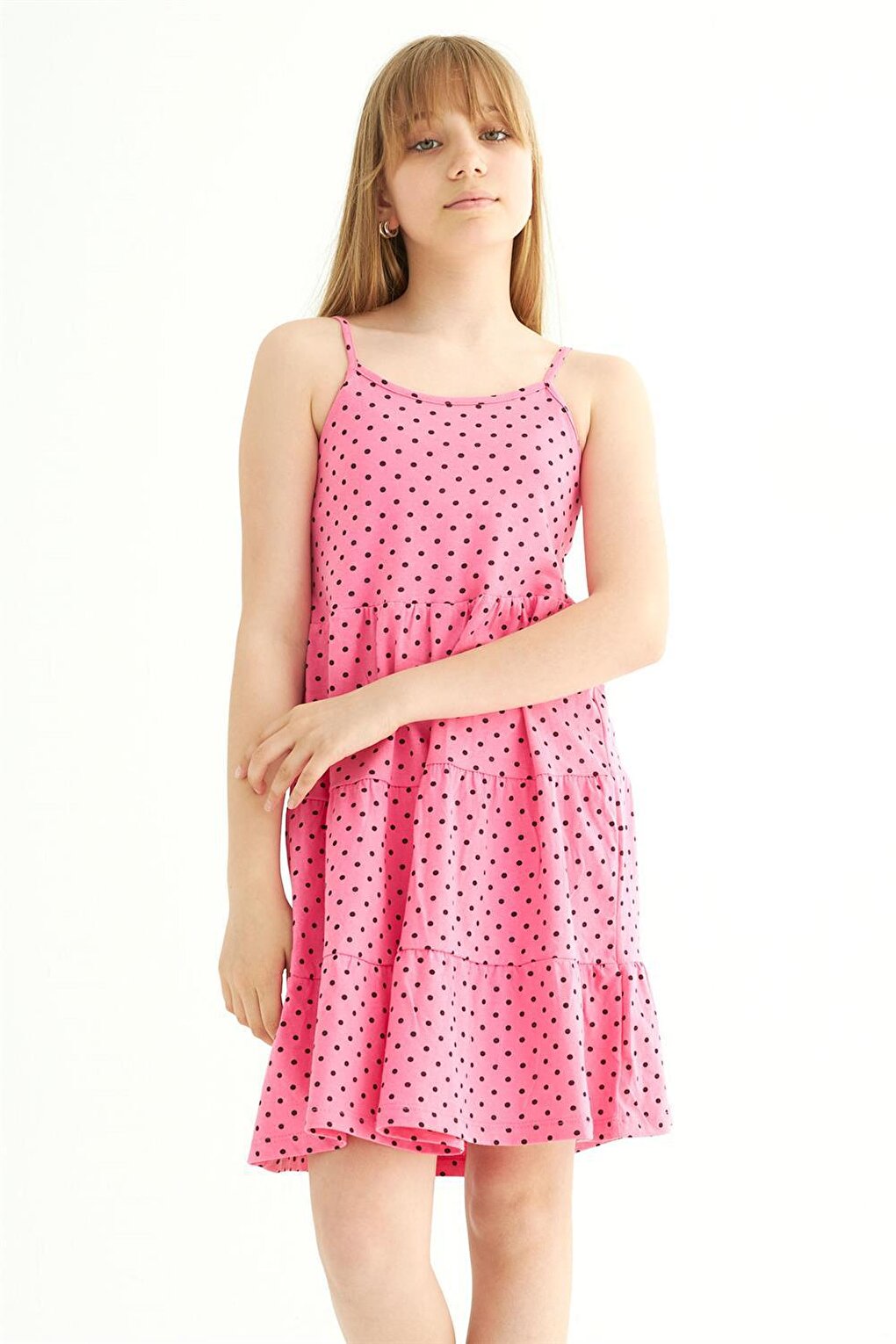 Girl's Polka Dot Print Pink Colored Strap Dress