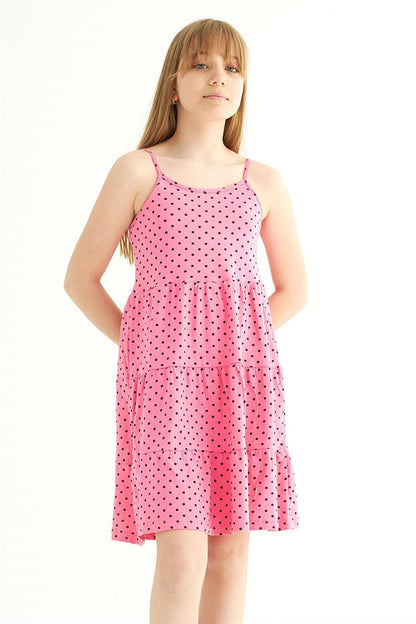 Girl's Polka Dot Print Pink Colored Strap Dress