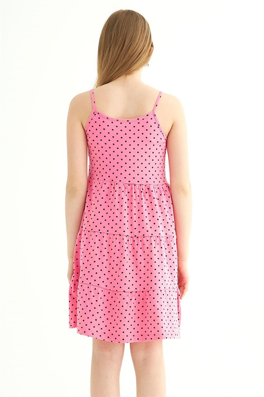 Girl's Polka Dot Print Pink Colored Strap Dress