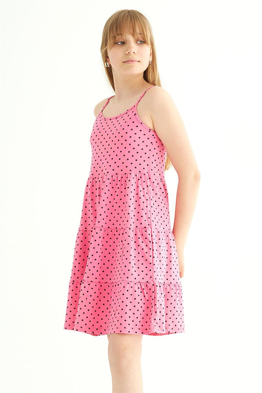 Girl's Polka Dot Print Pink Colored Strap Dress