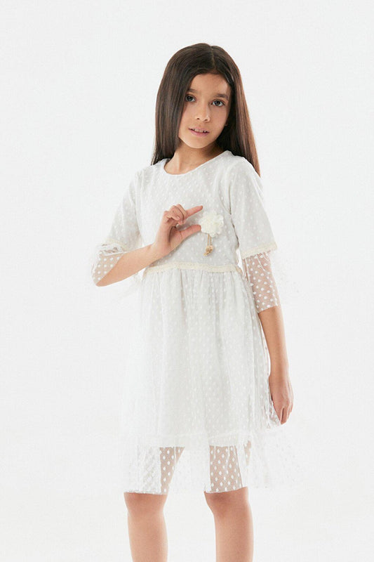 Polka Dot Flower Detailed Girl's Dress