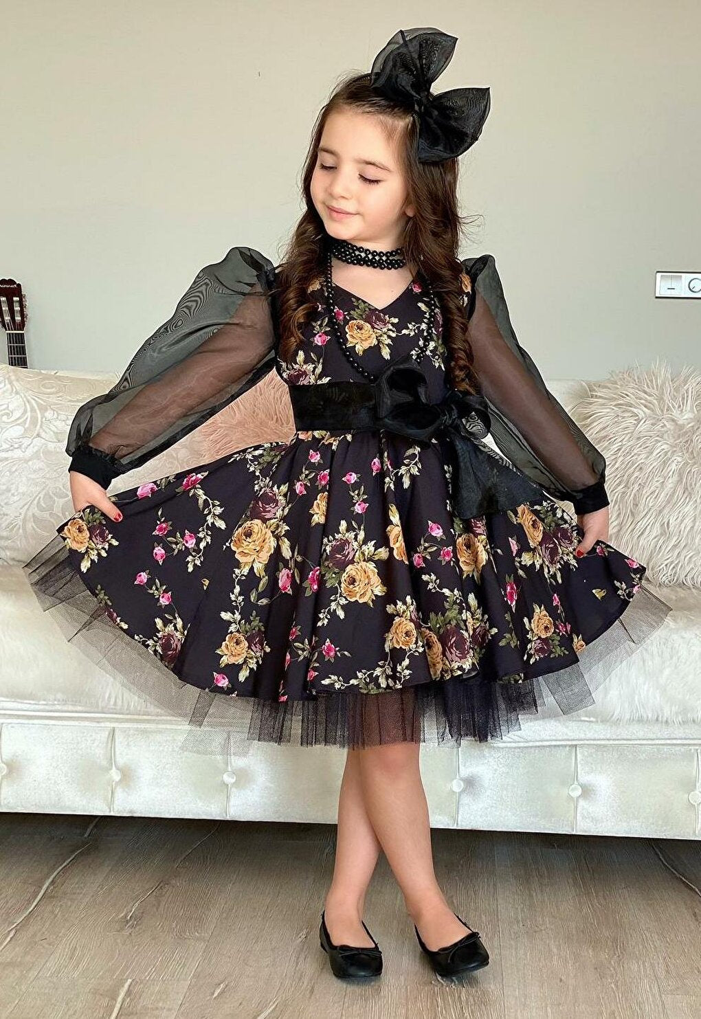 Girl's Black Flowers Tutu Dress