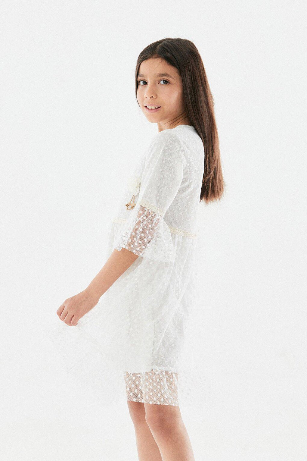 Polka Dot Flower Detailed Girl's Dress