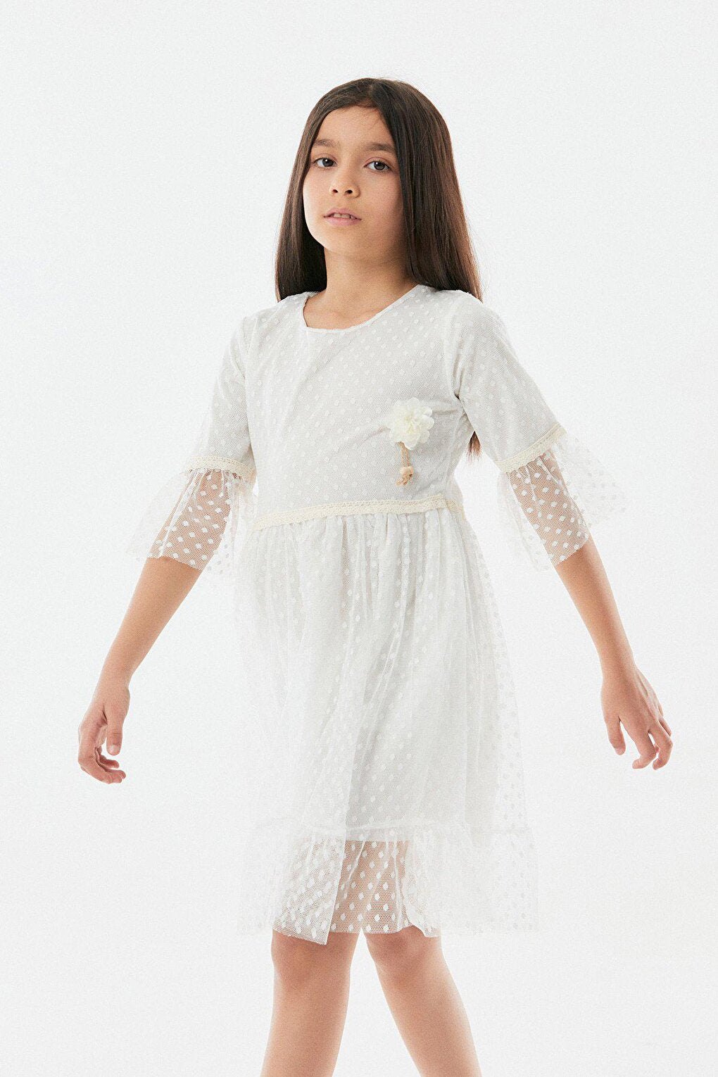 Polka Dot Flower Detailed Girl's Dress