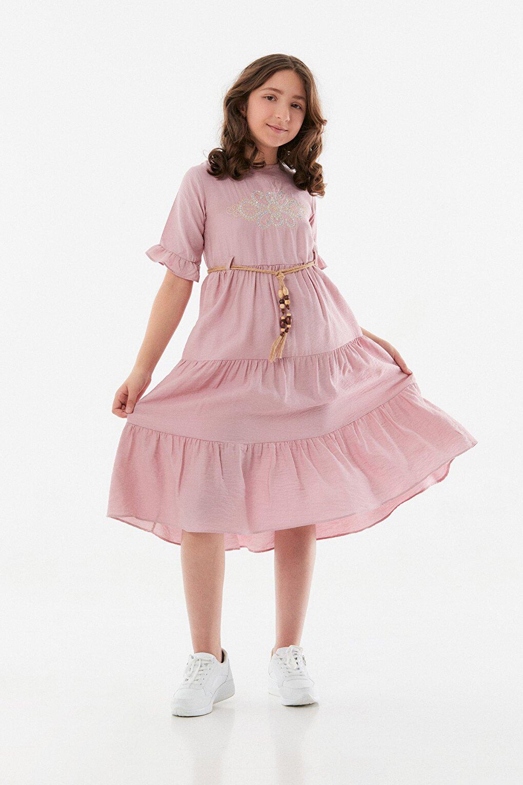 Embroidered Belt Detailed Girl's Ayrobin Dress