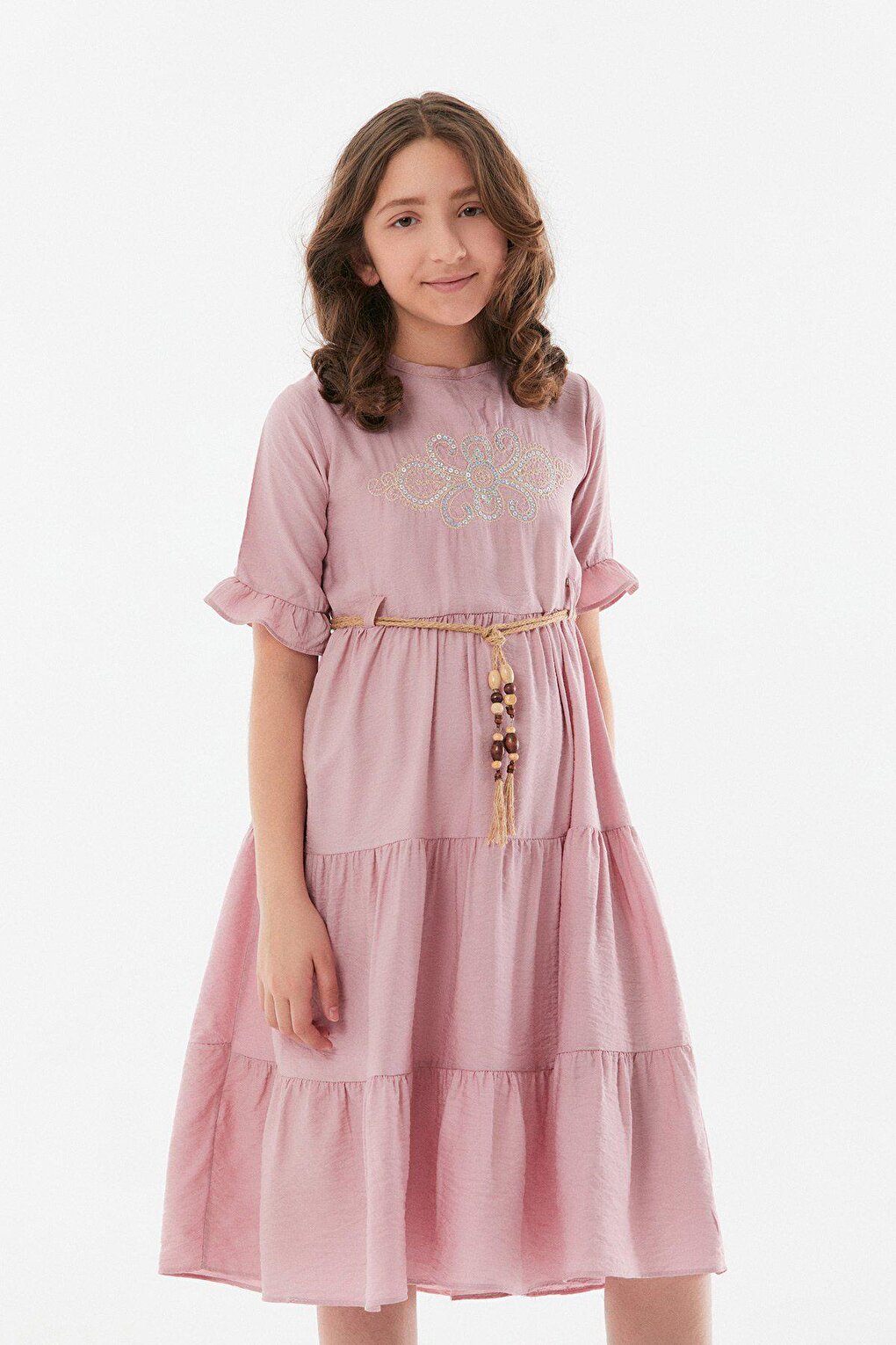 Embroidered Belt Detailed Girl's Ayrobin Dress