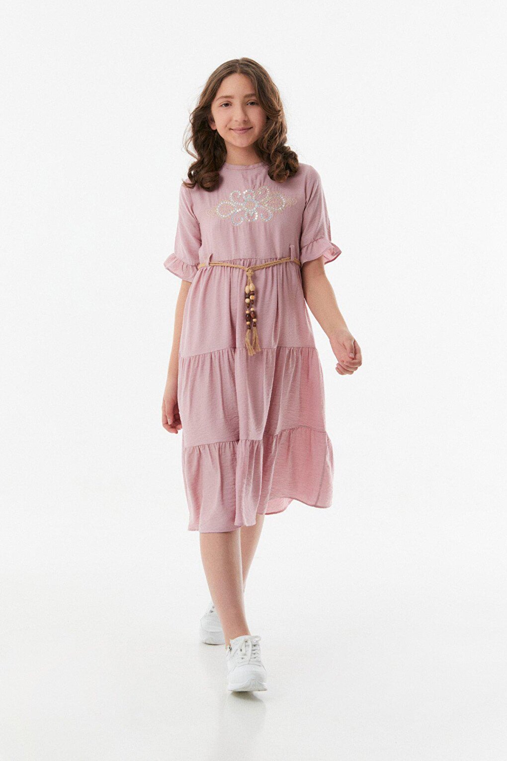 Embroidered Belt Detailed Girl's Ayrobin Dress