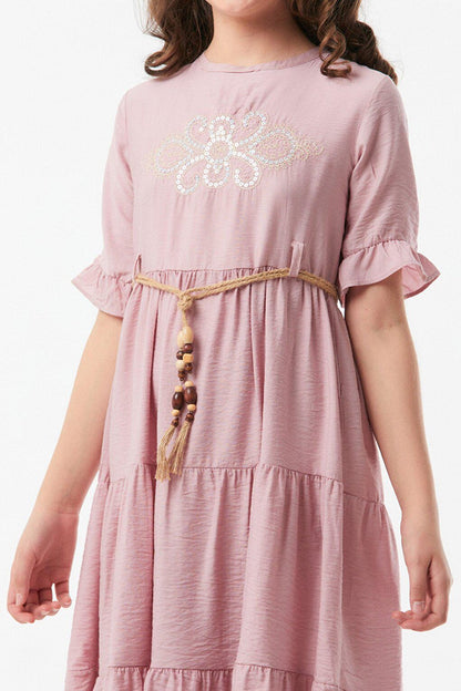 Embroidered Belt Detailed Girl's Ayrobin Dress