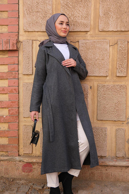 Waist Tie Double Pocket Coat Gray