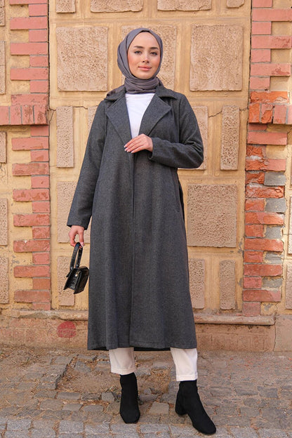 Waist Tie Double Pocket Coat Gray