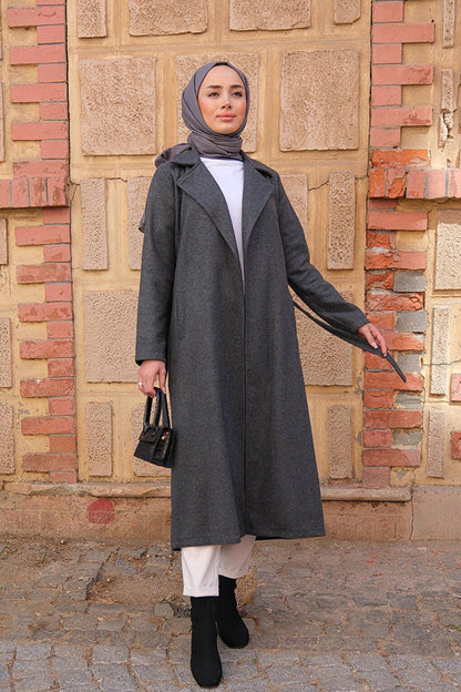 Waist Tie Double Pocket Coat Gray