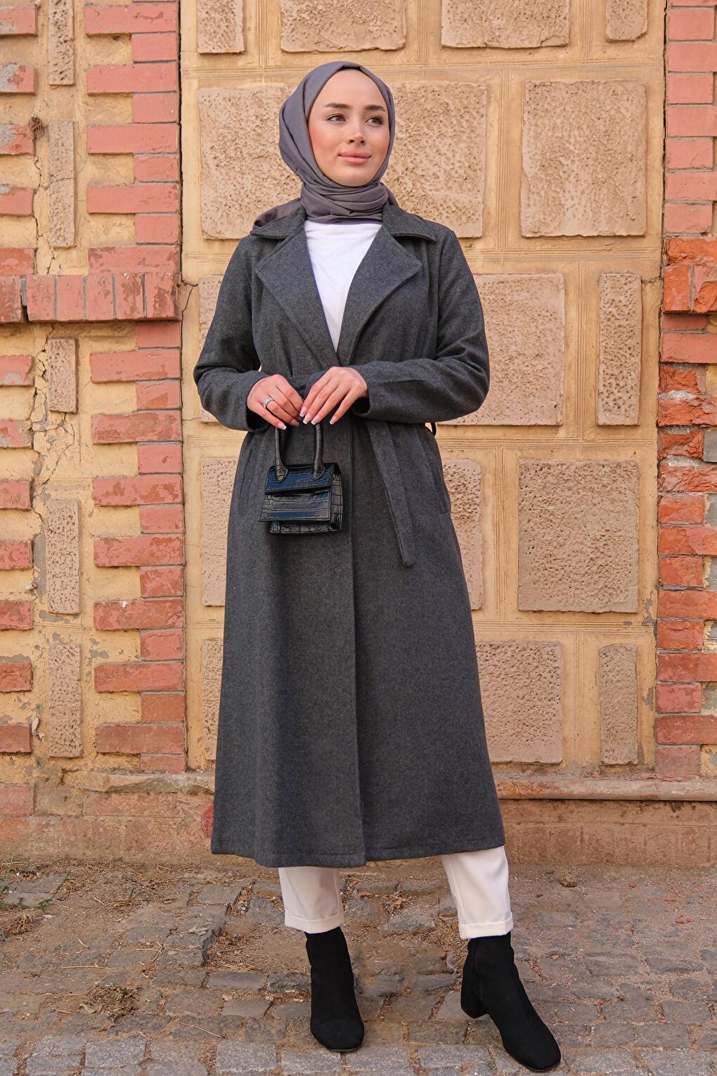 Waist Tie Double Pocket Coat Gray