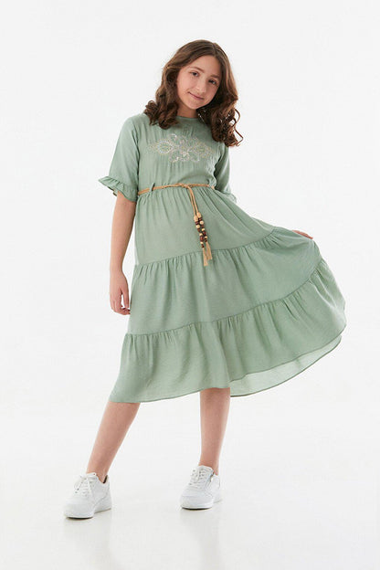 Embroidered Belt Detailed Girl's Ayrobin Dress