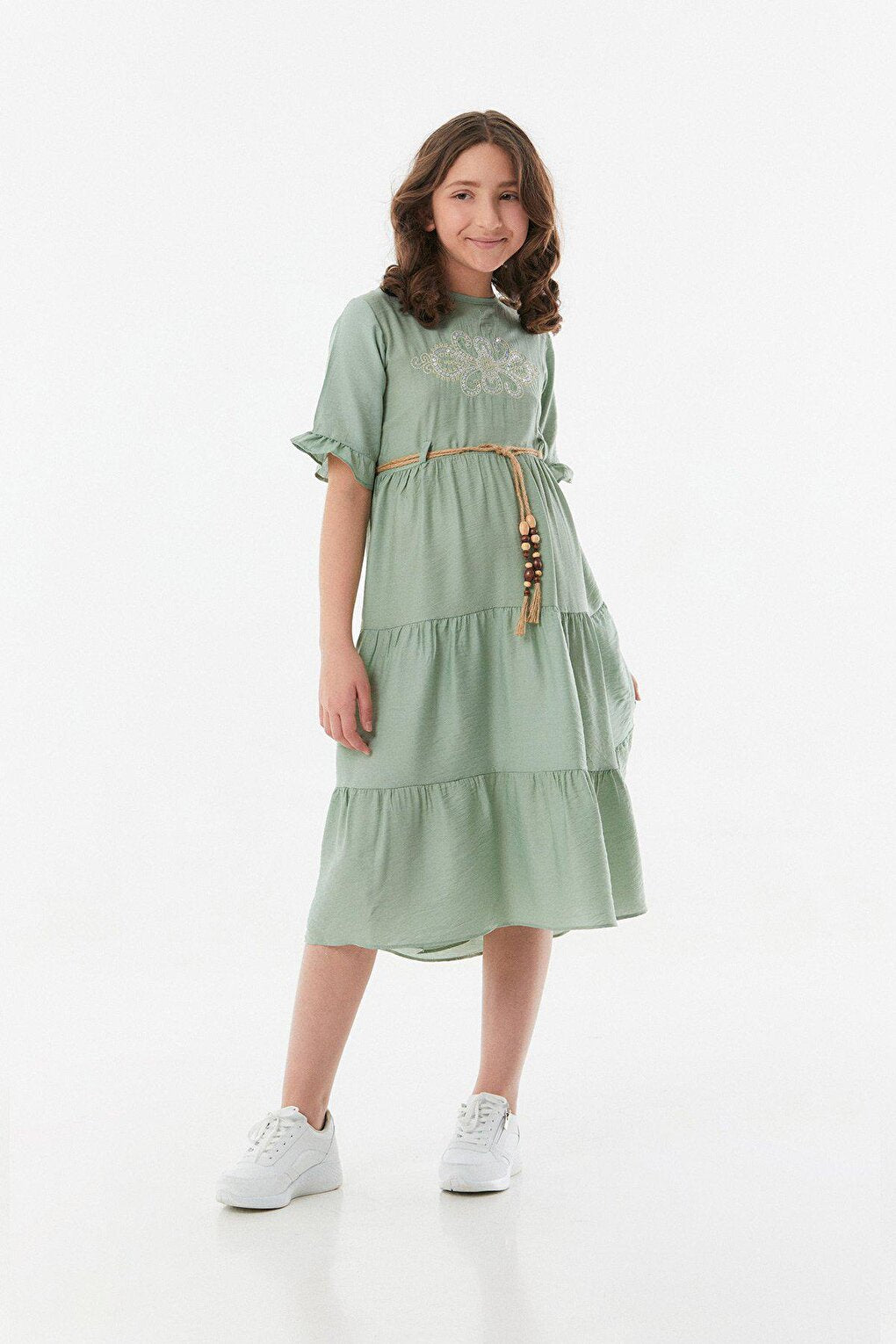 Embroidered Belt Detailed Girl's Ayrobin Dress