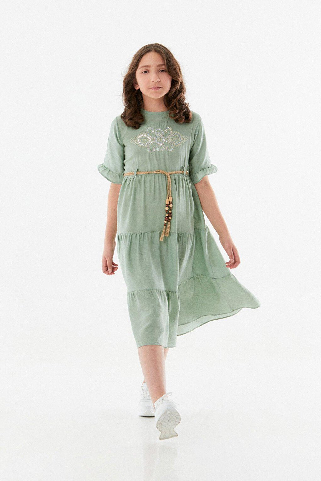 Embroidered Belt Detailed Girl's Ayrobin Dress