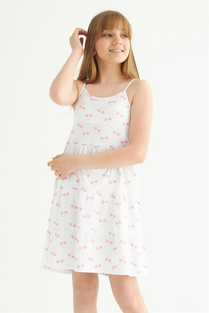 Girl's Cherry Patterned White Colored Strap Dress