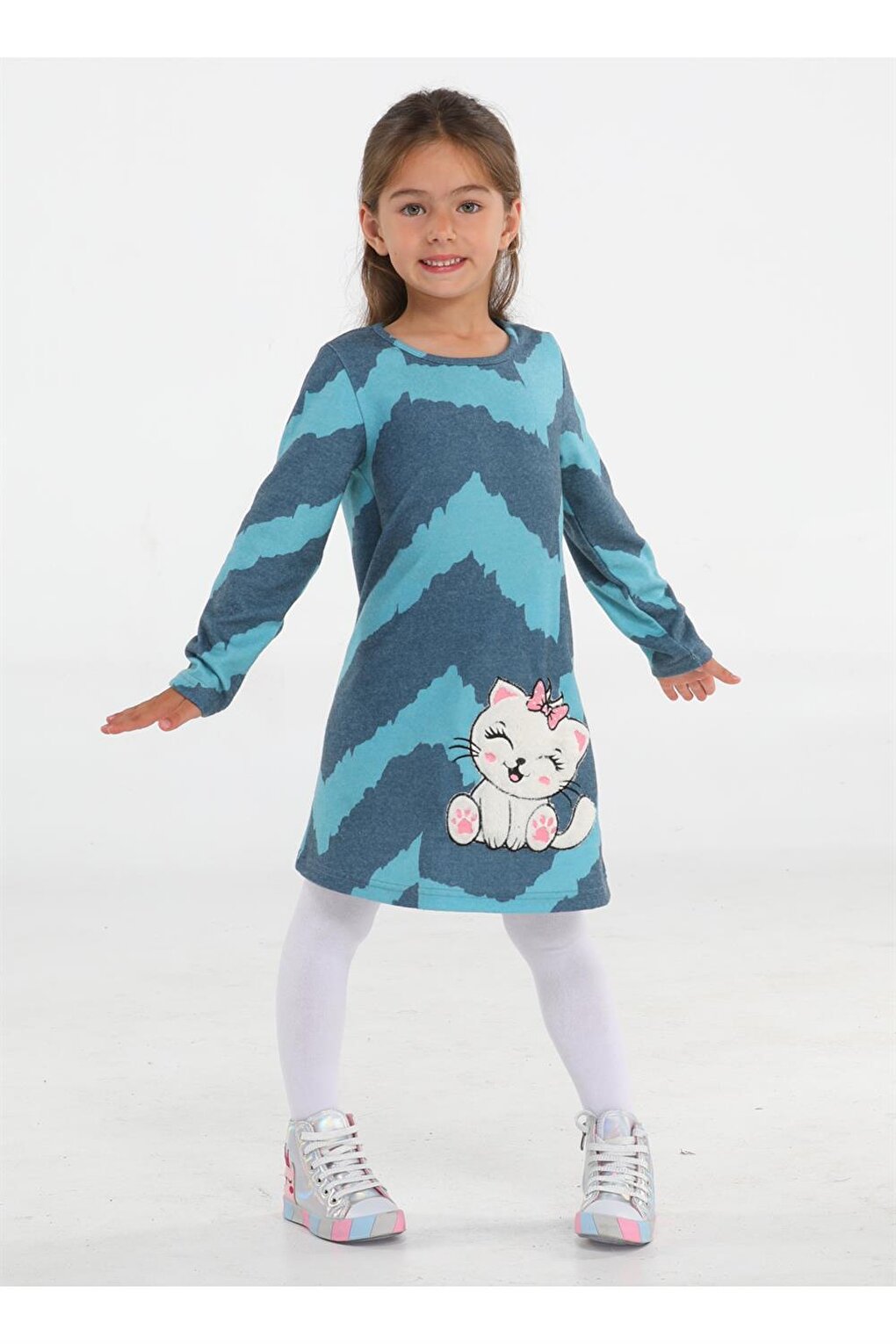 Kedi Yumoş Asymmetrical Printed Girls Dress