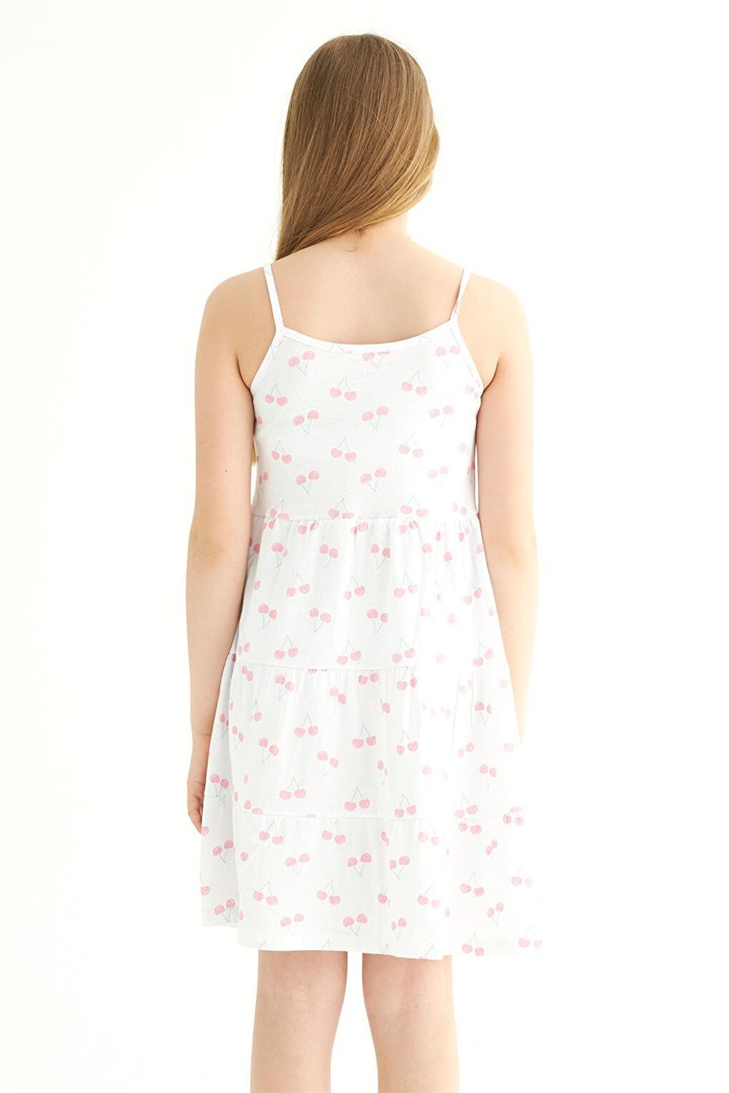 Girl's Cherry Patterned White Colored Strap Dress