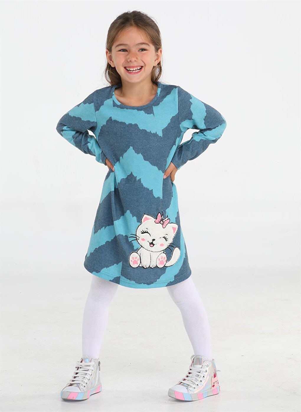 Kedi Yumoş Asymmetrical Printed Girls Dress