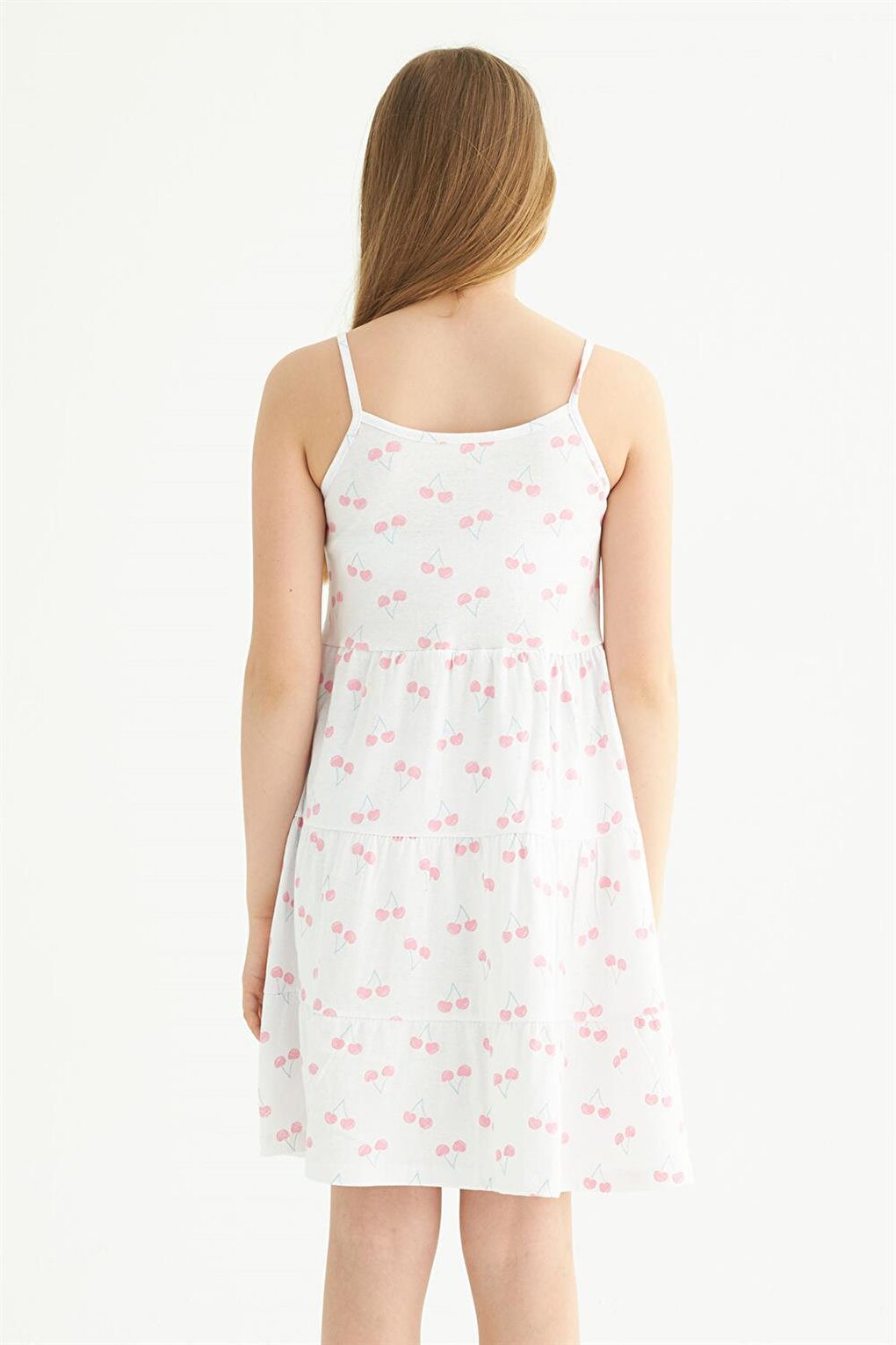 Girl's Cherry Patterned White Colored Strap Dress