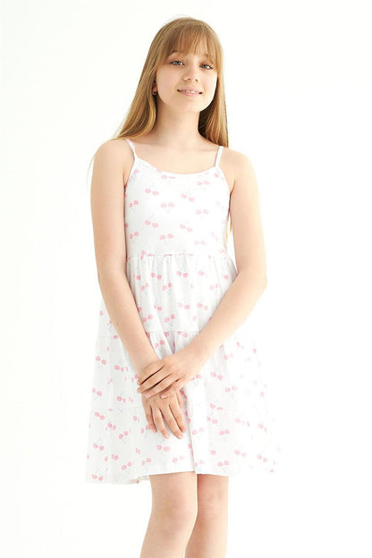 Girl's Cherry Patterned White Colored Strap Dress