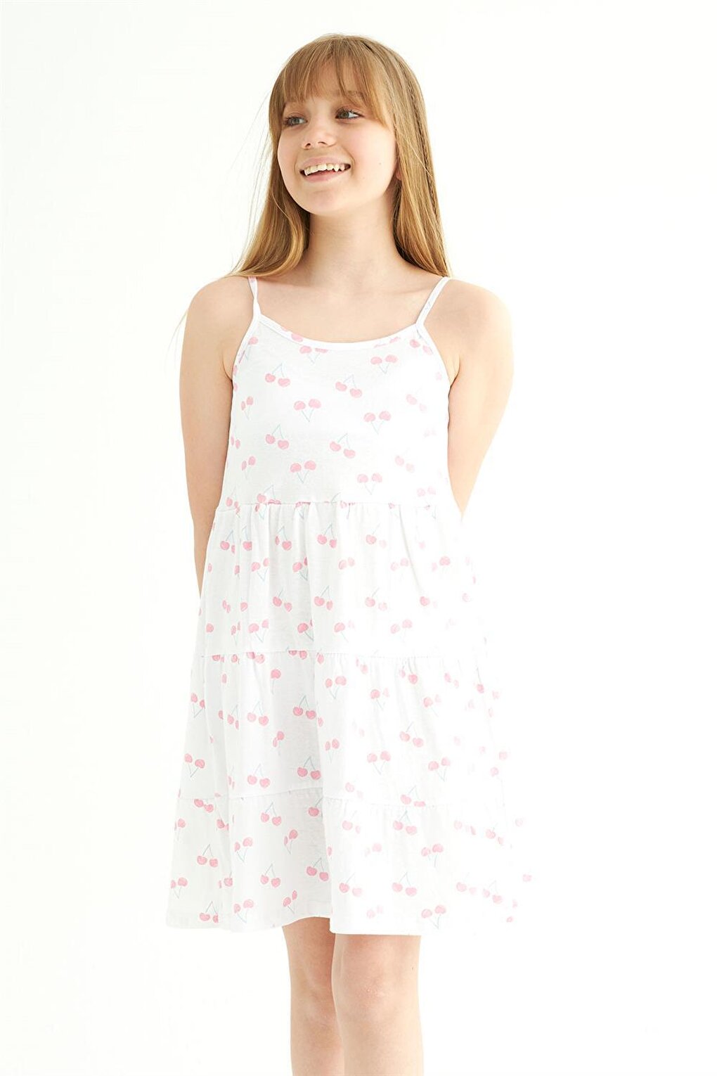 Girl's Cherry Patterned White Colored Strap Dress