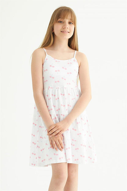 Girl's Cherry Patterned White Colored Strap Dress