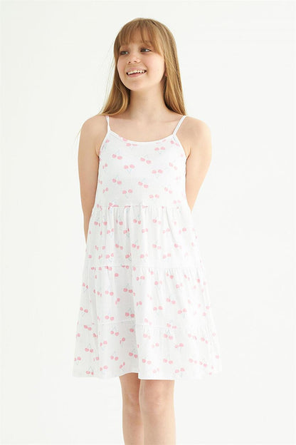 Girl's Cherry Patterned White Colored Strap Dress